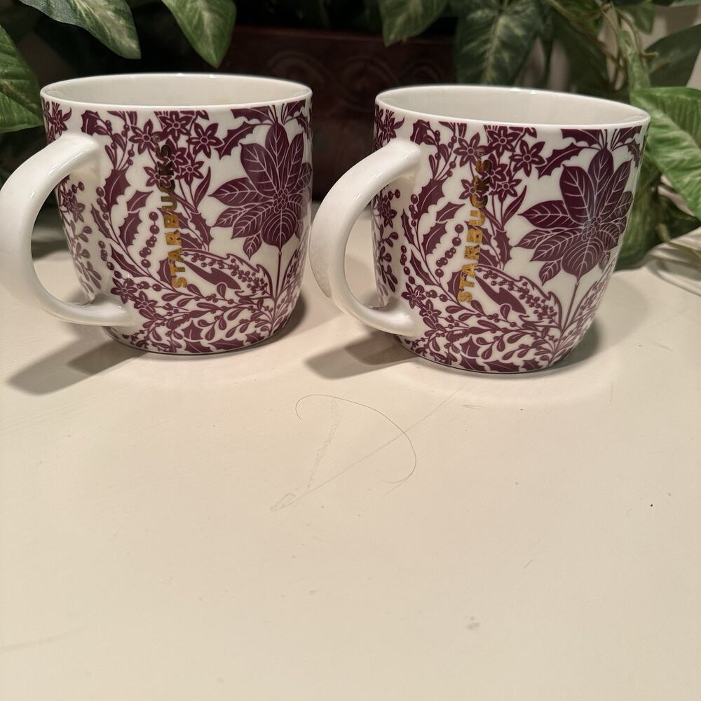 STARBUCKS 2017 Holiday Coffee Mugs Holly‎ Berry Purple Poinsettia 14oz Set Of 2